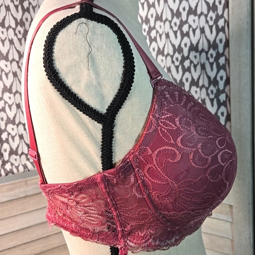 NWOT Lace Underwire Bra Embroidery Wine 3 Hook Adjustable 38D